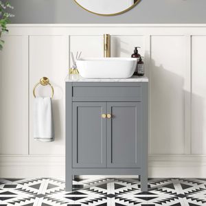 Bermuda Dove Grey Vanity with Marble Top & Curved Counter Top Basin 600mm - Brushed Brass Accents