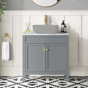 Bermuda Dove Grey Cabinet with Marble Top 800mm Excludes Counter Top Basin - Brushed Brass Accents