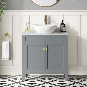 Bermuda Dove Grey Vanity with Marble Top & Oval Counter Top Basin 800mm - Brushed Brass Accents