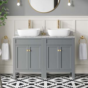 Bermuda Dove Grey Vanity with Marble Top & Curved Counter Top Basin 1200mm - Brushed Brass Accents