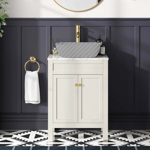 Bermuda Chalk White Cabinet with Marble Top 600mm Excludes Counter Top Basin - Brushed Brass Accents