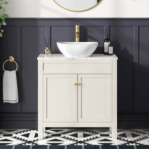 Bermuda Chalk White Vanity with Marble Top & Oval Counter Top Basin 800mm - Brushed Brass Accents