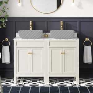 Bermuda Chalk White Cabinet with Marble Top 1200mm Excludes Counter Top Basin - Brushed Brass Accents