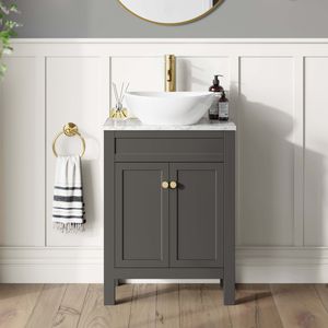 Bermuda Graphite Grey Vanity with Marble Top & Oval Counter Top Basin 600mm - Brushed Brass Accents