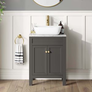 Bermuda Graphite Grey Vanity with Marble Top & Curved Counter Top Basin 600mm - Brushed Brass Accents