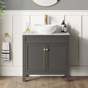 Bermuda Graphite Grey Vanity with Marble Top & Oval Counter Top Basin 800mm - Brushed Brass Accents