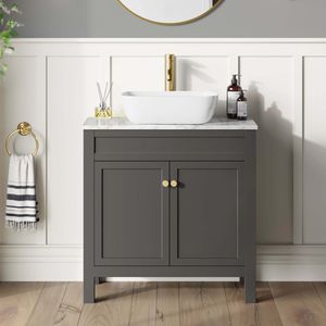Bermuda Graphite Grey Vanity with Marble Top & Curved Counter Top Basin 800mm - Brushed Brass Accents