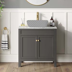 Bermuda Graphite Grey Cabinet with Marble Top 800mm Excludes Counter Top Basin - Brushed Brass Accents