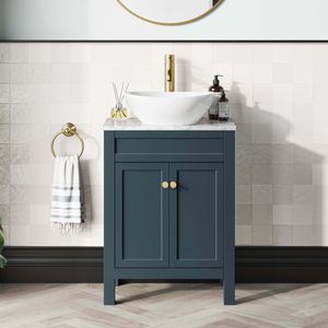 Bermuda Inky Blue Vanity with Marble Top & Oval Counter Top Basin 600mm - Brushed Brass Accents