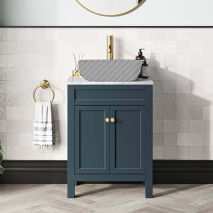 Bermuda Inky Blue Cabinet with Marble Top 600mm Excludes Counter Top Basin - Brushed Brass Accents