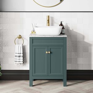 Bermuda Midnight Green Vanity with Marble Top & Curved Counter Top Basin 600mm - Brushed Brass Accents