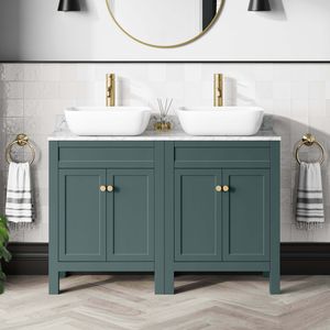 Bermuda Midnight Green Vanity with Marble Top & Curved Counter Top Basin 1200mm - Brushed Brass Accents