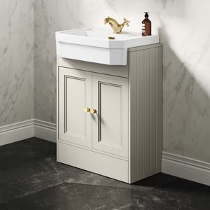 Monaco Chalk White Traditional Basin Vanity 600mm - Brushed Brass Accents