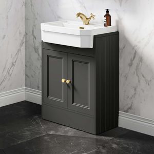 Monaco Graphite Grey Traditional Basin Vanity 600mm - Brushed Brass Accents