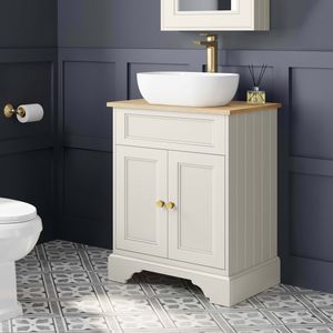 Lucia Chalk White Vanity with Oak Effect Top & Curved Counter Top Basin 640mm - Brushed Brass Accents