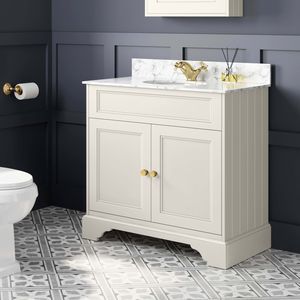 Lucia Chalk White Vanity with Marble Top & Undermount Basin 830mm - Brushed Brass Accents
