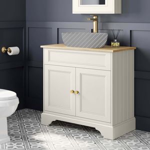 Lucia Chalk White Cabinet with Oak Effect Top 840mm (Excludes Counter Top Basin) - Brushed Brass Accents