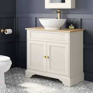 Lucia Chalk White Vanity with Oak Effect Top & Oval Counter Top Basin 840mm - Brushed Brass Accents