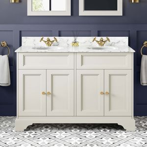 Lucia Chalk White Double Vanity with Marble Top & Undermount Basins 1200mm - Brushed Brass Accents