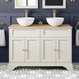 Lucia Chalk White Double Vanity with Oak Effect Top & Round Counter Top Basin 1200mm - Brushed Brass Accents