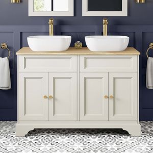 Lucia Chalk White Double Vanity with Oak Effect Top & Curved Counter Top Basin 1200mm - Brushed Brass Accents