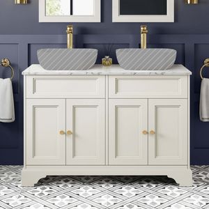 Lucia Chalk White Cabinet with Marble Top 1200mm (Excludes Counter Top Basins) - Brushed Brass Accents