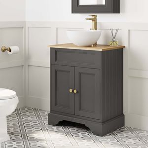 Lucia Graphite Grey Vanity with Oak Effect Top & Round Counter Top Basin 640mm - Brushed Brass Accents