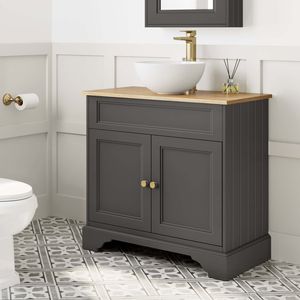 Lucia Graphite Grey Vanity with Oak Effect Top & Round Counter Top Basin 840mm - Brushed Brass Accents