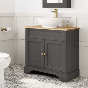 Lucia Graphite Grey Vanity with Oak Effect Top & Oval Counter Top Basin 840mm - Brushed Brass Accents