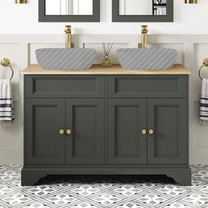 Lucia Graphite Grey Cabinet with Oak Effect Top 1200mm (Excludes Counter Top Basins) - Brushed Brass Accents