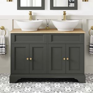Lucia Graphite Grey Double Vanity with Oak Effect Top & Oval Counter Top Basin 1200mm - Brushed Brass Accents