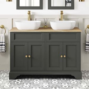 Lucia Graphite Grey Double Vanity with Oak Effect Top & Curved Counter Top Basin 1200mm - Brushed Brass Accents