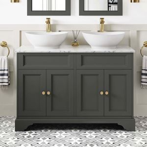 Lucia Graphite Grey Double Vanity with Marble Top & Oval Counter Top Basin 1200mm - Brushed Brass Accents