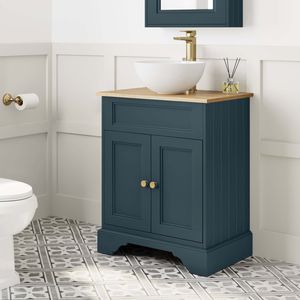 Lucia Inky Blue Vanity with Oak Effect Top & Round Counter Top Basin 640mm - Brushed Brass Accents