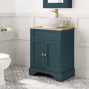 Lucia Inky Blue Vanity with Oak Effect Top & Oval Counter Top Basin 640mm - Brushed Brass Accents