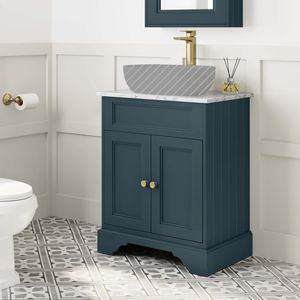 Lucia Inky Blue Cabinet with Marble Top 640mm (Excludes Counter Top Basin) - Brushed Brass Accents