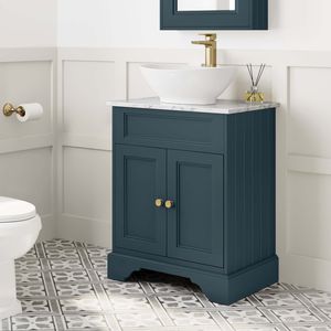 Lucia Inky Blue Vanity with Marble Top & Oval Counter Top Basin 640mm - Brushed Brass Accents