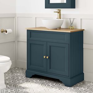 Lucia Inky Blue Vanity with Oak Effect Top & Round Counter Top Basin 840mm - Brushed Brass Accents