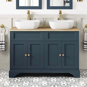 Lucia Inky Blue Double Vanity with Oak Effect Top & Curved Counter Top Basin 1200mm - Brushed Brass Accents