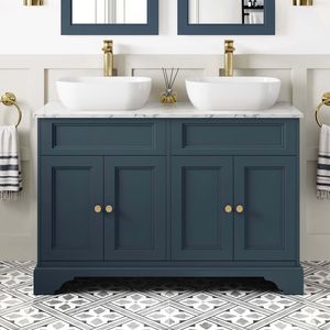 Lucia Inky Blue Double Vanity with Marble Top & Curved Counter Top Basin 1200mm - Brushed Brass Accents