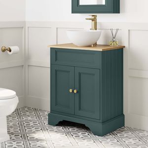 Lucia Midnight Green Vanity with Oak Effect Top & Round Counter Top Basin 640mm - Brushed Brass Accents