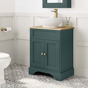 Lucia Midnight Green Vanity with Oak Effect Top & Oval Counter Top Basin 640mm - Brushed Brass Accents