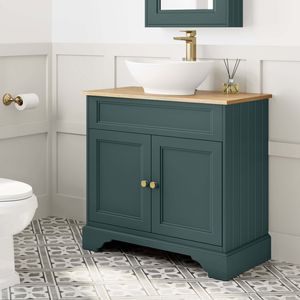 Lucia Midnight Green Vanity with Oak Effect Top & Oval Counter Top Basin 840mm - Brushed Brass Accents