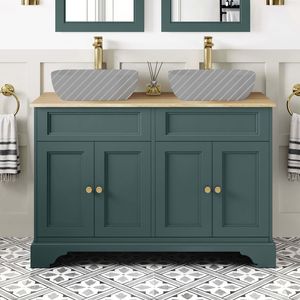 Lucia Midnight Green Cabinet with Oak Effect Top 1200mm (Excludes Counter Top Basins) - Brushed Brass Accents