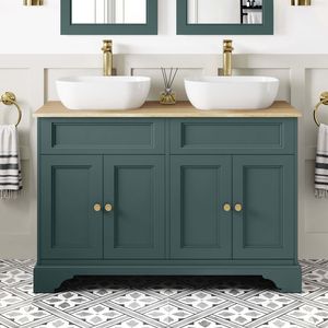 Lucia Midnight Green Double Vanity with Oak Effect Top & Curved Counter Top Basin 1200mm - Brushed Brass Accents