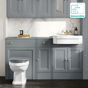 Monaco Dove Grey Combination Vanity Traditional Basin and Hudson Toilet with Wooden Seat 1500mm - Brushed Brass Accents