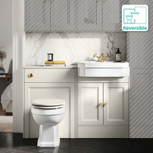 Monaco Chalk White Combination Vanity Traditional Basin and Hudson Toilet with Wooden Seat 1200mm - Brushed Brass Accents