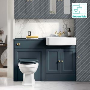 Monaco Inky Blue Combination Vanity Basin and Hudson Toilet with Wooden Seat 1200mm - Brushed Brass Accents