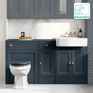 Monaco Inky Blue Combination Vanity Basin and Hudson Toilet with Wooden Seat 1500mm - Brushed Brass Accents