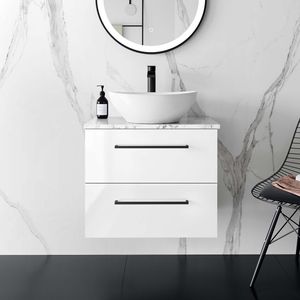 Elba Gloss White Wall Hung Drawer Vanity with Marble Top & Oval Counter Top Basin 600mm - Black Accents